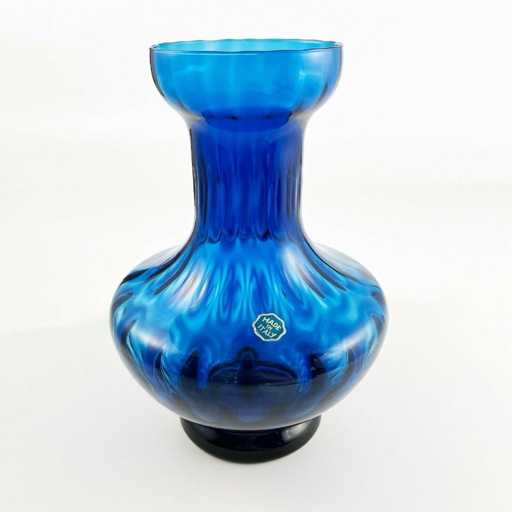 Vintage Mid Century Modern Empoli Cobalt Blue Optic Glass Vase Made in Italy - Picture 2 of 9